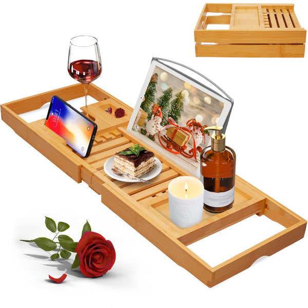 Artmalle Luxury Bathtub Caddy Tray for Tub - Foldable Bamboo Bath Table Tray with Book and Wine Glass Holder, Expandable Bathroom Accessories for