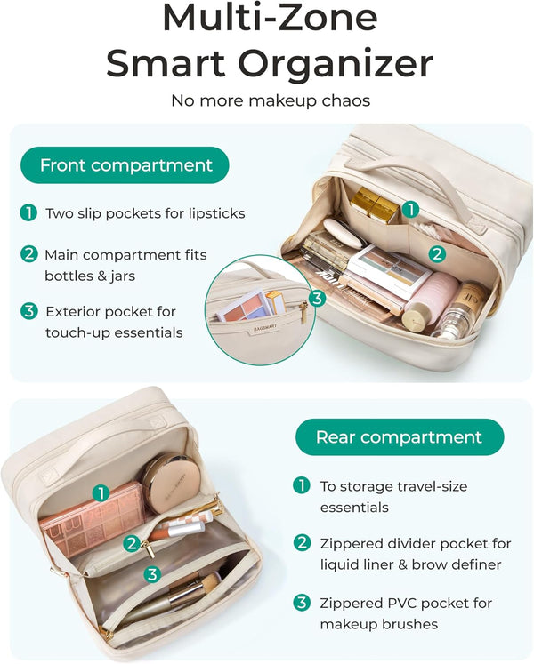 BAGSMART Travel Makeup Bag, Make up Bag with Multiple Compartments for Organizer, Durable & Compact Cosmetic Organizer for Women for Travel