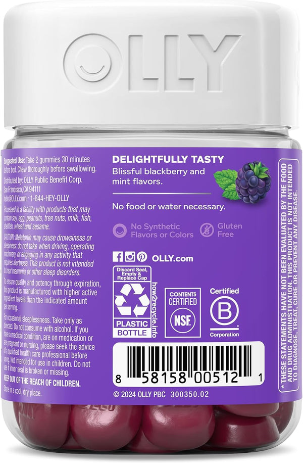 OLLY Sleep Support Gummy Supplement,* 3 mg Melatonin, L-Theanine - 50 Count Blackberry 50 Count (Pack of 1)