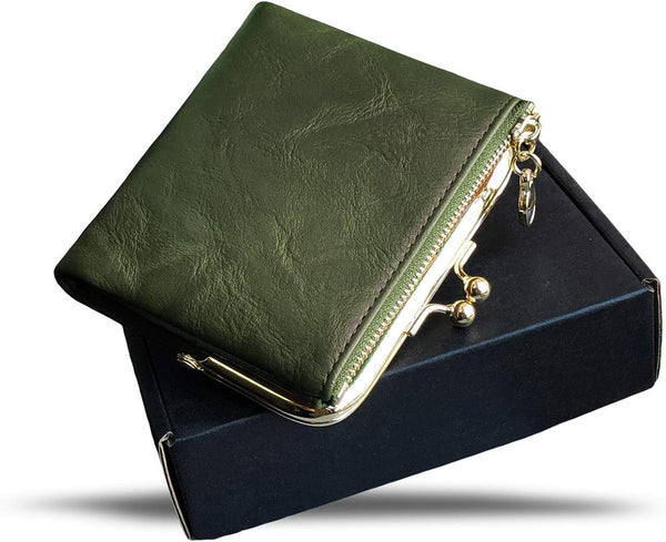AOXONEL Womens Wallet Small Rfid Ladies Compact Bifold Leather Vintage Coin Purse With Zipper and Kiss Lock Green