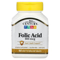 21st Century 800 mcg Folic Acid Tablets, Assorted, 180 Count Unflavored 180 Count (Pack of 1)
