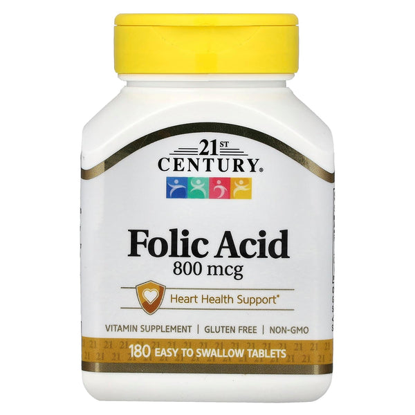 21st Century 800 mcg Folic Acid Tablets, Assorted, 180 Count Unflavored 180 Count (Pack of 1)