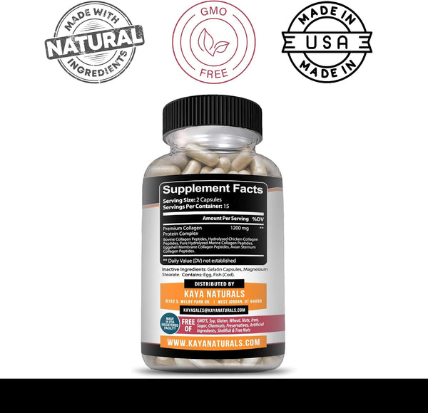 Kaya Naturals Multi Collagen Peptides Complex Powder for Women and Man, Vital for Hair, Skin, Nails, and Anti-Aging, Types I, II, III, V & X