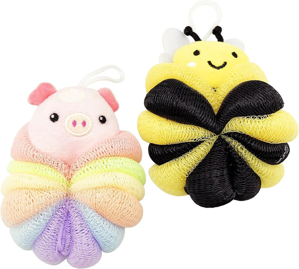 Bath Sponges 2Pieces Cute Cartoon Animal Bath Loofahs Pouf Mesh Balls Body Scrubber Bathing Accessories Gifts for Women (Bee + Pig)