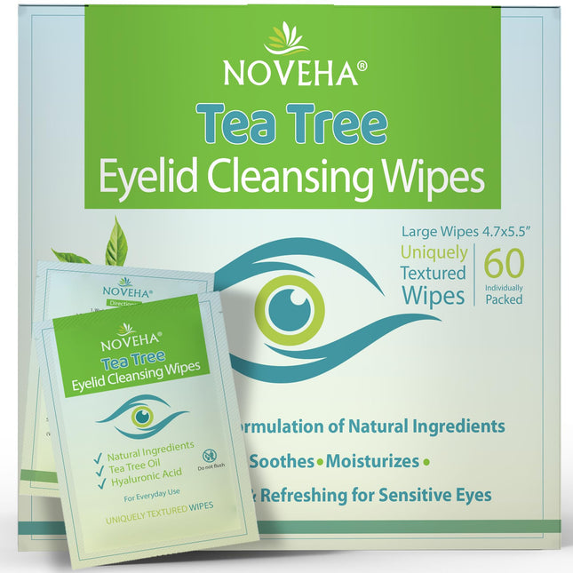 NOVEHA 60Pcs Tea Tree Oil Eyelid & Lash Wipes | with Hyaluronic Acid, Green Tea 