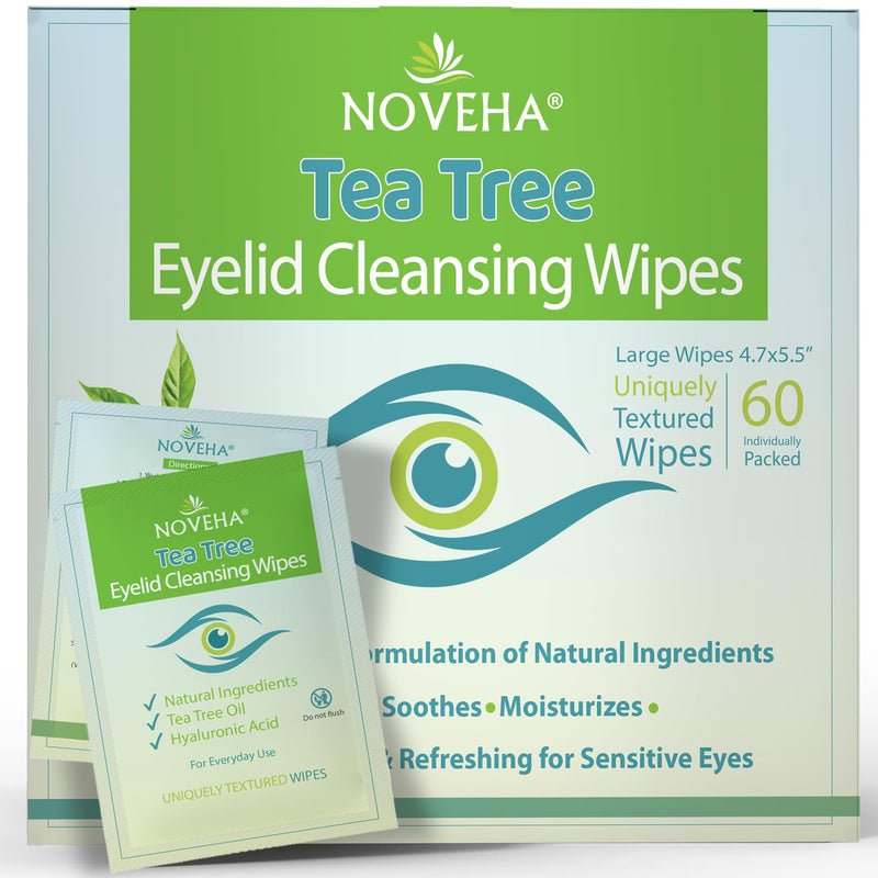 NOVEHA 60Pcs Tea Tree Oil Eyelid & Lash Wipes | with Hyaluronic Acid, Green Tea & Chamomile for Blepharitis, Itchy & Stye Eyes, Individually