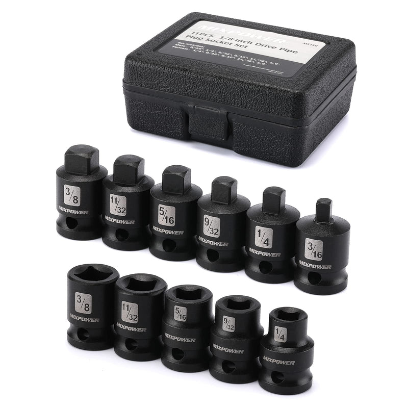 MIXPOWER 11 Pieces 3/8-Inch Drive Pipe Plug Socket Set, SAE, CR-MO, Tapered Male Square Drive, Chamfered Female Square Drive