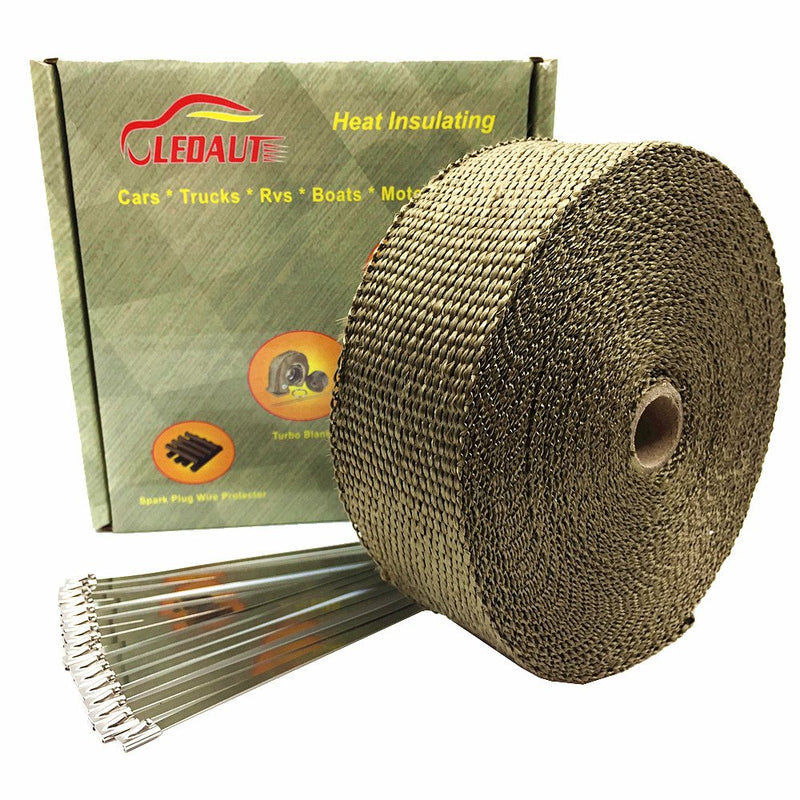 LEDAUT 2" x 50' Titanium Exhaust Heat Wrap Roll for Motorcycle Fiberglass Heat Shield Tape with Stainless Ties 2 inches X 50 feet roll