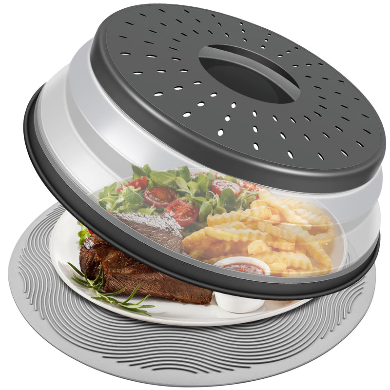 LekDrok 10 Inch Microwave Food Cover & Collapsible Silicone Mat - Splatter Guard, Plate Holder & Kitchen Colander for Meal Prep, Charcoal Cover+10"Mat