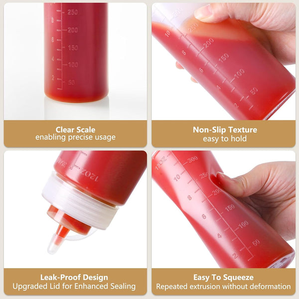 8 Pack 12 oz Plastic Squeeze Condiment Bottles with Cap Lids | Perfect for Condiments, Oil, Icing, Liquids–Set of 8 with extra 1 Silicone Funnel,