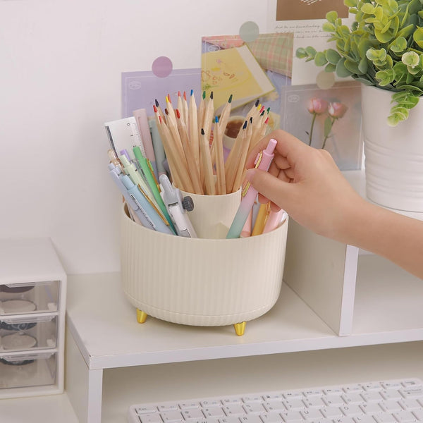 SKYDUE 360 Rotating Plastic Desk Pen Organizer with 5 Slots, Dual-Purpose Art Supply Pencil Cup for Office, School, Home Beige_1Pack