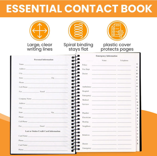 Iconikal Address Telephone Book, 8x5-Inch, Black, Spiral-Bound, 384 Contacts, Organizer for Organizing Names, Addresses, Email, Cell Phone Numbers