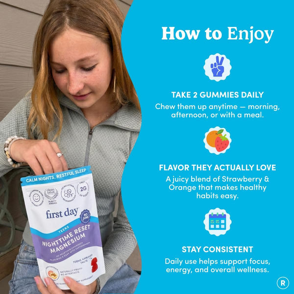 First Day Teens’ Nighttime Reset Calming Magnesium Gummies – Sleep Aid Supports Peaceful Rest, Balanced Mood & Energy – Supplement with Magnesium