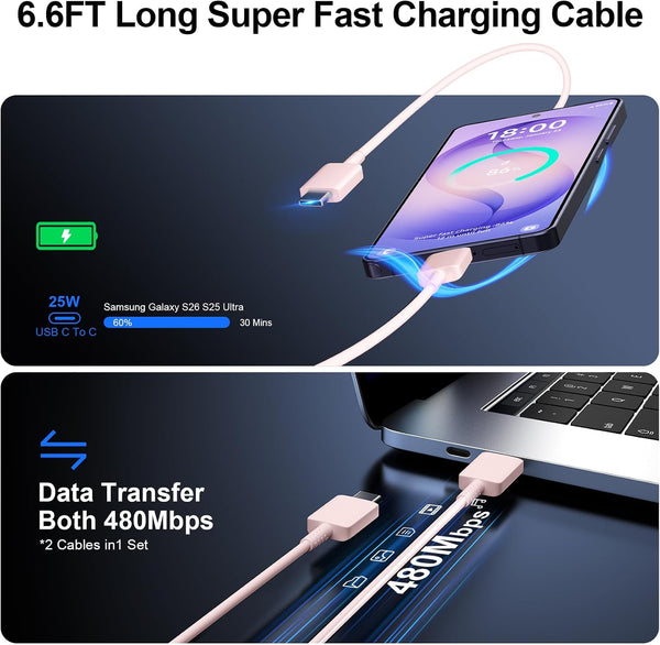 Super Fast Charger Type C, 25W USB C Wall Charger Fast Charging 6.6FT Cable Pink 6.6FT