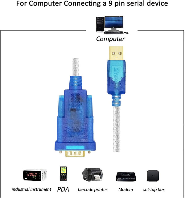 DTECH 10 Feet USB 2.0 to RS232 DB9 Serial Port Adapter Cable with FTDI Chipset Supports Windows 11 10 8 7 and Mac Linux