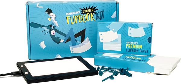 Official Andymation's Flipbook Starter Kit for Kids & Adults with LED Light Pad for Drawing & Tracing Animation, Premium Pre-drilled Flip Book