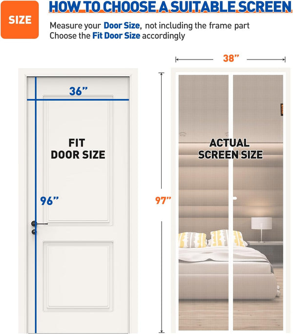 MAGZO Magnetic Screen Door Fit Door Size 36 X 96 Inch, Screen Size 38" X 97" Strong Magnet Door Mesh with Reinforced Hook & Loop for Patio,
