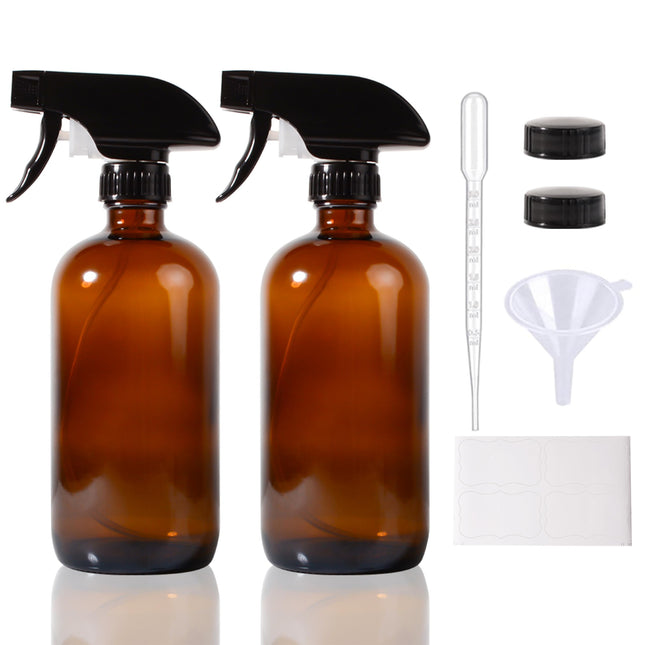 Amber Glass Spray Bottles,16Oz Large Refillable Spray Bottle for Cleaning, Essential Oils, Plant and Hair Care,Nozzle wi