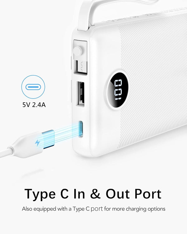 VRURC Portable Charger, Slim Power Bank Built-in 4 Cables, Travel Essential White