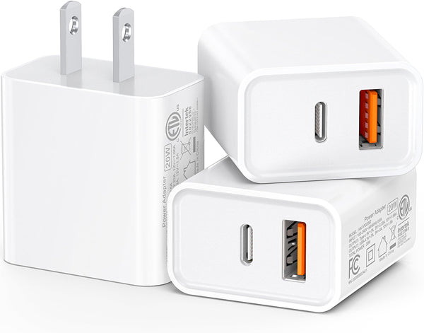 3-Pack USB C Wall Charger, 20W Durable Dual Port QC+PD 3.0 Power Adapter, ETL Certified Type C Fast Charging Block for iPhone 14/15/16/17 Pro/Pro