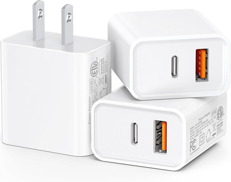 3-Pack USB C Wall Charger, 20W Durable Dual Port QC+PD 3.0 Power Adapter, ETL Certified Type C Fast Charging Block for iPhone 14/15/16/17 Pro/Pro