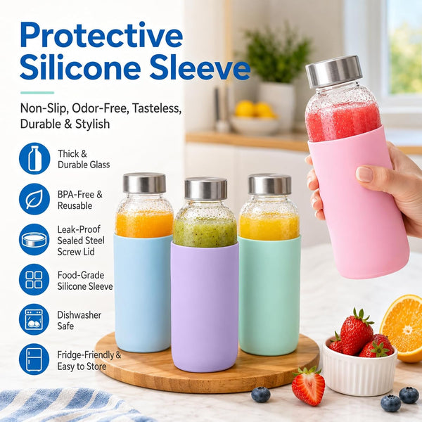 Luxfuel 18 oz Glass Water Bottles with Lids and Silicone Sleeve 6 Pack | Leak Proof Stainless Steel Lids, BPA Free, Reusable Glass Bottles for