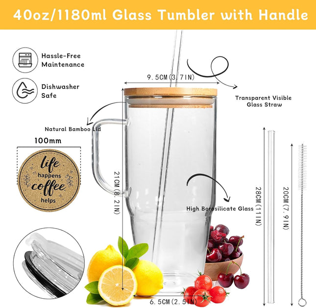 ANOTION Glass Cups with Lids and Straws - 40 Oz Tumbler with Handle and Straw Glass Water Bottles Drinking Glasses with 