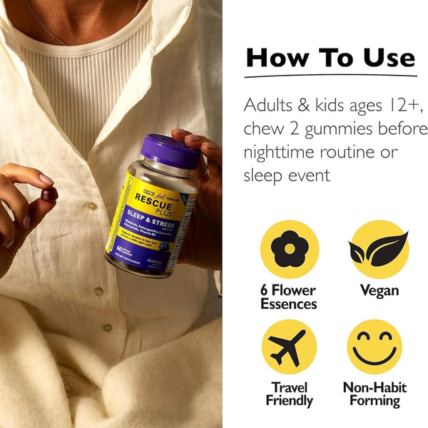 Bach RESCUE plus Sleep & Stress Support Gummies, Nighttime Dietary Supplement with 1Mg Melatonin, Ashwagandha, Chamomile, Lavender & Vitamin B6,