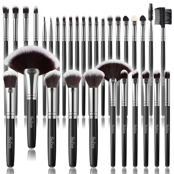 Makeup Brush Set, SOLVE 32 Pieces Professional Makeup Brushes Wooden Handle Cosmetics Brushes Foundation Concealer Powder Face Eye Make up Brushes