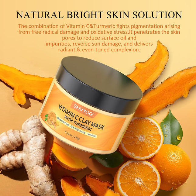 Vitamin C Face Mask with Kaolin Clay and Turmeric for Dark Spots, Dull Skin, Ski
