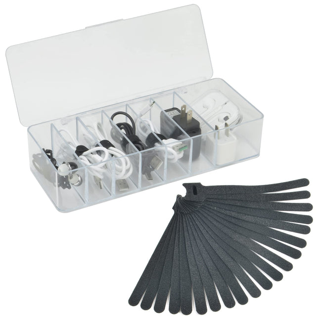 Electronics Organizer 7 Sections Clear Acrylic Cable Storage Bin Box Cord Holder with 20 PCS Reusable Fastening Fabric C