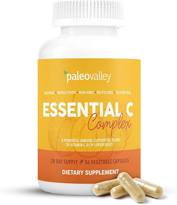 Paleovalley Essential C Complex - Vitamin C Supplement for Immune Support - 1 Pack, 450Mg - Organic Superfoods Unripe Acerola Cherry, Camu Camu,