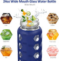 MUKOKO 24Oz Glass Water Bottle with 2 Lids-Handle Flip Lid&Bamboo Straw Lid,Motivational Water Tumbler with Time Marker Reminder and Silicone