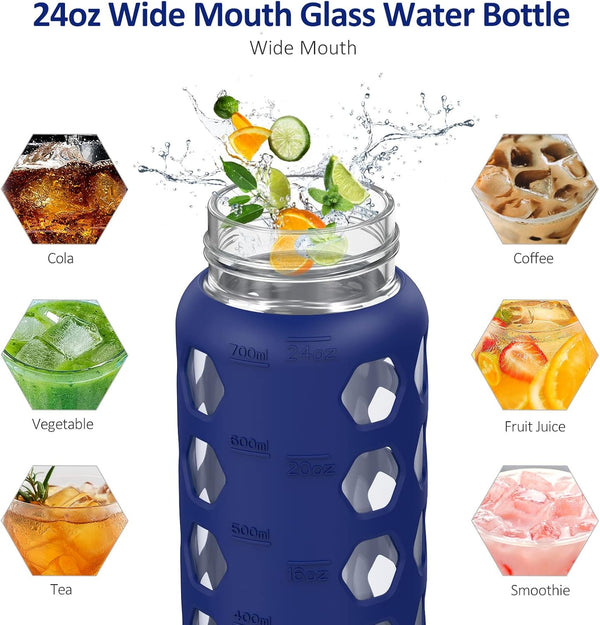 MUKOKO 24Oz Glass Water Bottle with 2 Lids-Handle Flip Lid&Bamboo Straw Lid,Motivational Water Tumbler with Time Marker Reminder and Silicone
