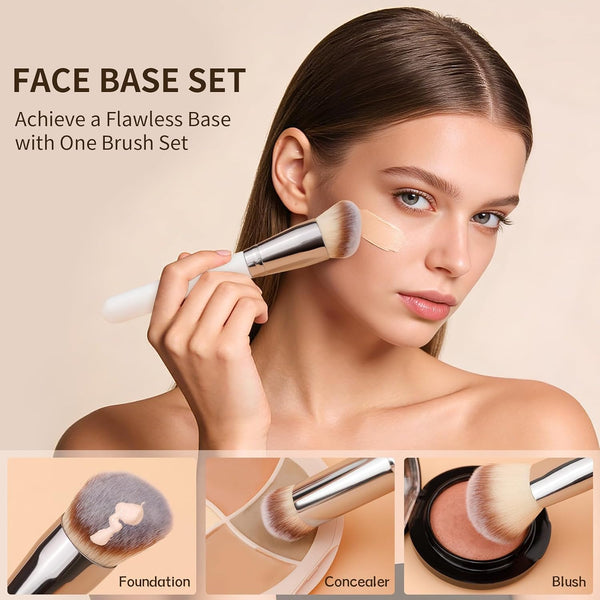 DUcare Foundation Contour Blush Conceal Brush Set, 3PCS Angled Synthetic Kabuki Brush for Blending Setting Buffing with Liquid, Cream and Powder