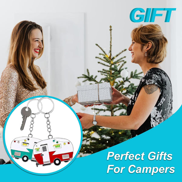 2 Pack Camper Keychain Set Happy RV Camper Keyring Couples Camping Accessories for Men Women Travel Trailers Red+green