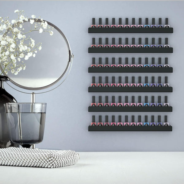 FEMELI Nail Polish Wall Rack, 6 Shelves Acrylic Organizer (15 Inch, Black) | Acrylic Nail Polish holder wall for 66-90 Bottles, Multi-Purpose