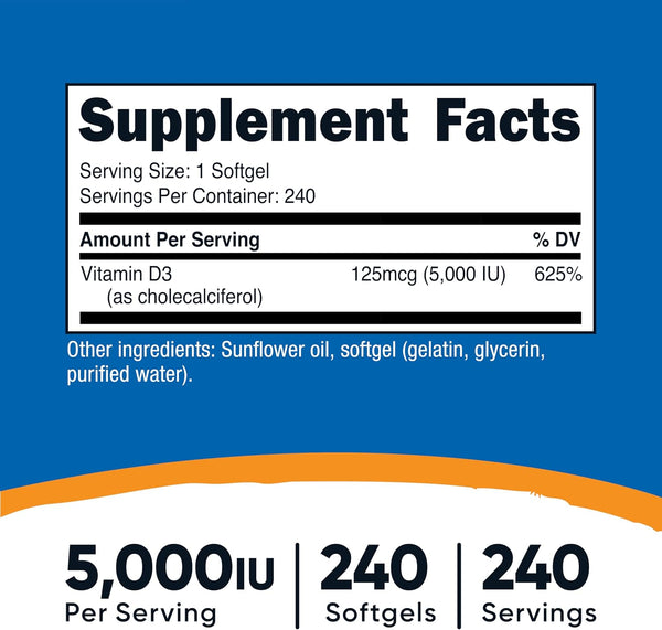 Nutricost Vitamin D3 5,000 IU (125mcg), 240 Softgels, GMO-Free 240 Count (Pack of 1)