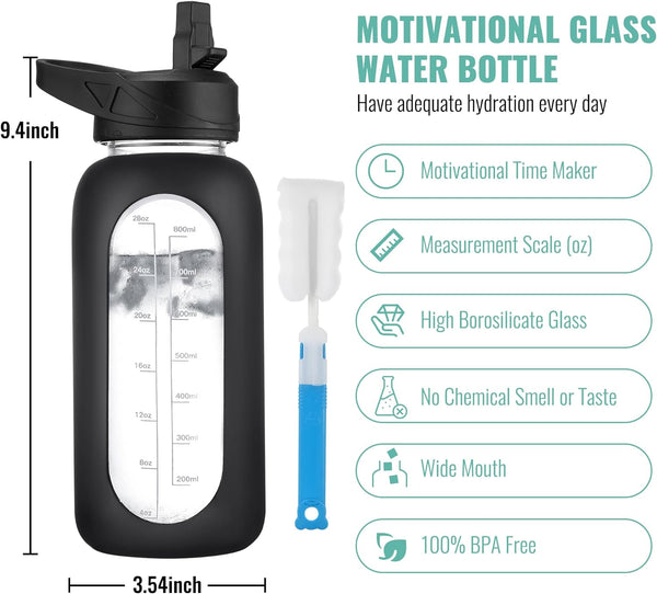 CIVAGO 32 oz Glass Water Bottle with Straw and Handle, Large Sports Motivational Water Bottle Flask with Time Marker and 2 Lids, Leakproof Water