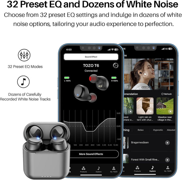 TOZO T6 True Wireless Earbuds Bluetooth 5.3 Headphones 50H Long Playtime, Wireless Charging Case, IPX8 Waterproof Stereo Earphones, Built-In Mic