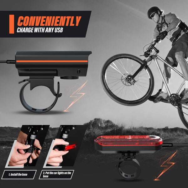 Rechargeable Bike Lights, Ultra Bright Bicycle Lights for Night Riding, Road Mountain Bike Accessories for Kids Adults - Bike Headlight with Tail