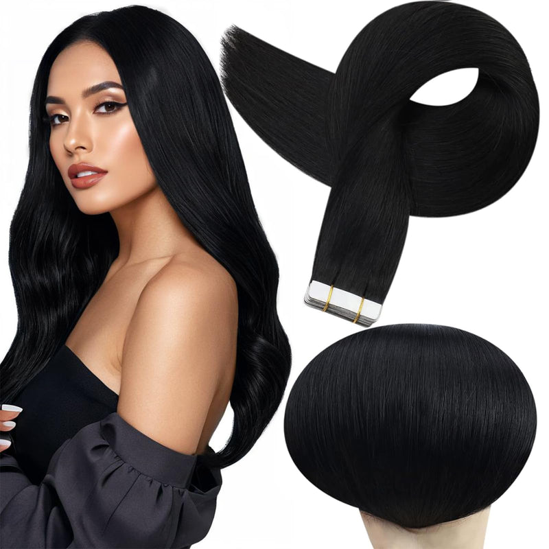 Full Shine Tape In Hair Extensions Human Hair, Jet Black 10 Inch 30G 20Pcs | Remy Tape Ins, Seamless Invisible Black Hair Extensions, Straight
