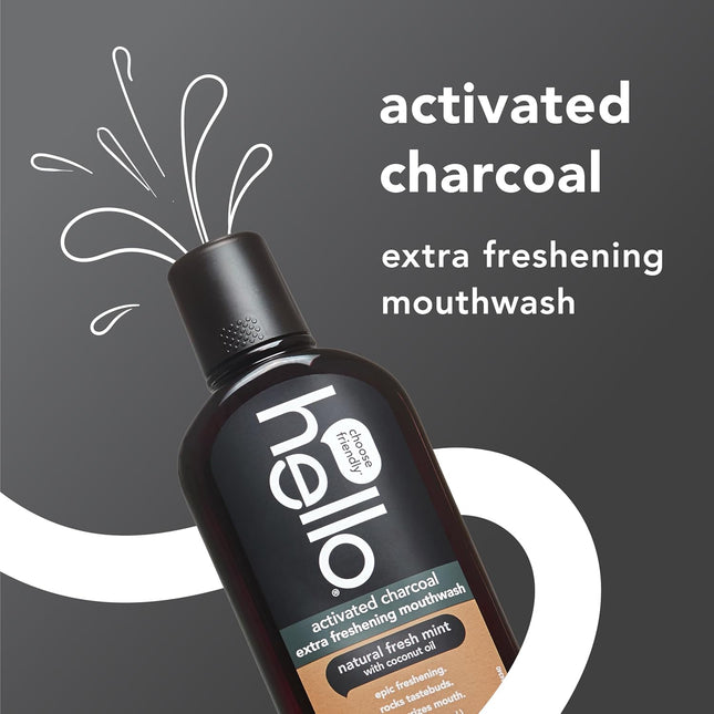 Hello Activated Charcoal Extra Freshening Mouthwash, Natural Fresh Mint and Coconut Oil, Fluoride Free, Alcohol Free, Ve