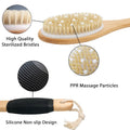 OWIIZI Bath Brush with Cellulite Massagers, Wooden Curved Long Handle Antiskid Dry Brushing Body Brush for Exfoliating, Natural Bristle Back