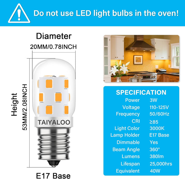 LED Microwave Light Bulb over Stove Appliance 8206232A 40W Incandescent Equivalent, E17 LED Bulb Dimmable for Refrigerator, Range Hood, 3W 380LM