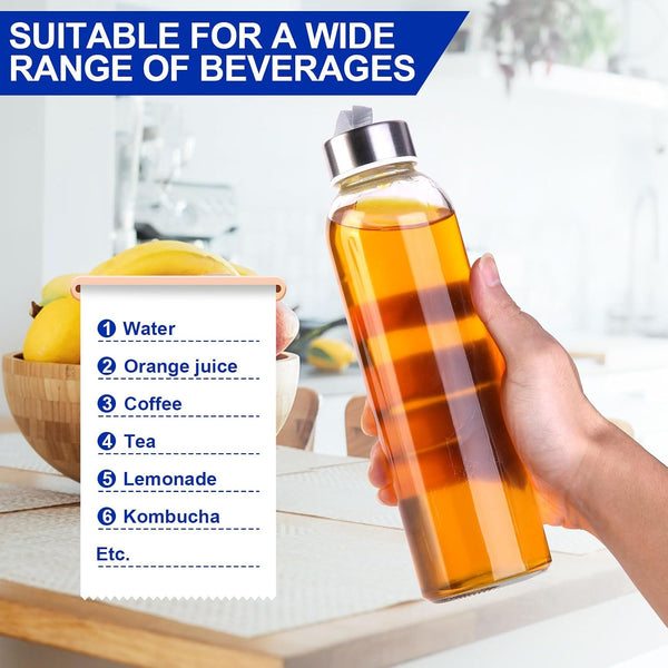 3 Packs Glass Water Bottles with Lid, Clear, 17oz | Reusable Juice Bottle with Stainless Steel Cap, Glass Cup Liquid Storage Containers for