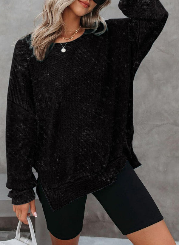 Dokotoo Sweatshirt for Women Oversized Waffle Knit Crewneck Sweatshirts Long Sleeve Side Slits Casual Pullover Tops Small Pink