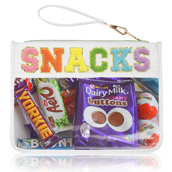 Snack Bag Clear Chenille Varsity Letter Zipper Pouch for Travel Nylon Clear Cosmetic Bag Makeup Travel Bag for Women (White-Snacks) BS-SNACKS