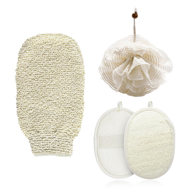 Natural Hemp Bath Mitts & Loofah Gloves Set - Exfoliating Shower Gloves for Wome