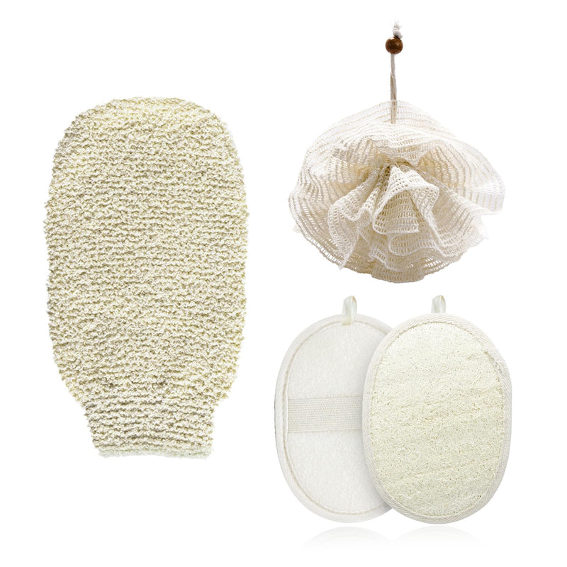 Natural Exfoliating Shower Gloves and Loofah Sponge Set, Gentle Body Scrubber Mitts with Hemp Fiber for Women and Men, 3-Pack Bath Accessories